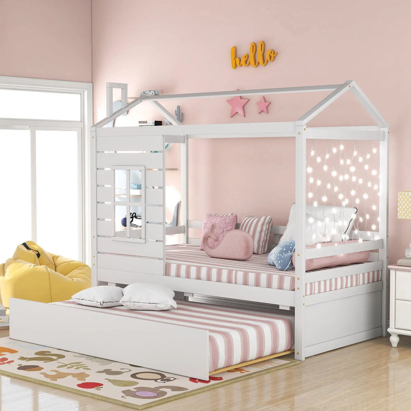 Twin Size Classic House Bed With Twin Size Trundle - White by HouseOfZazla