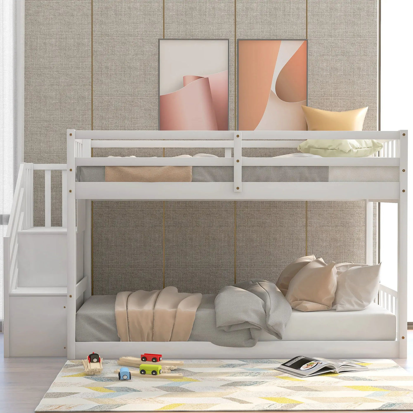 Twin Over Twin Floor Bunk Bed, Ladder With Storage by HouseOfZazla