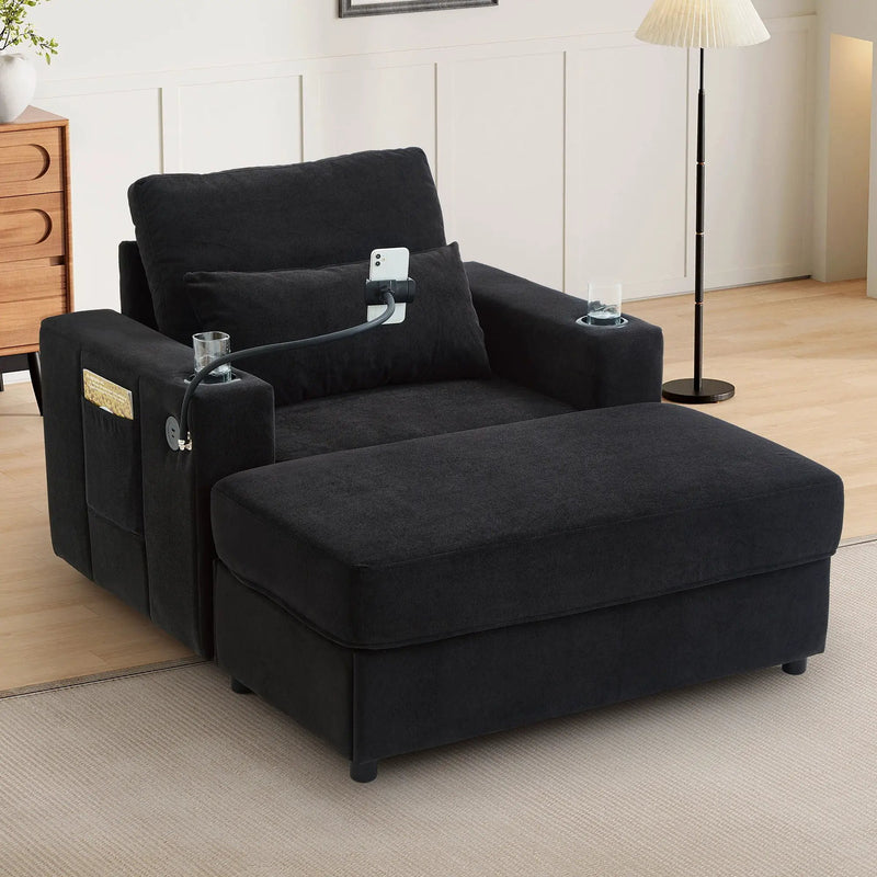 Modern Style Armchair Chaise Lounge Sofa Couch With Movable Storage Ottoman, USB Ports, Cup Holders, Phone Holder, Side Pockets by Unique Piece Furniture