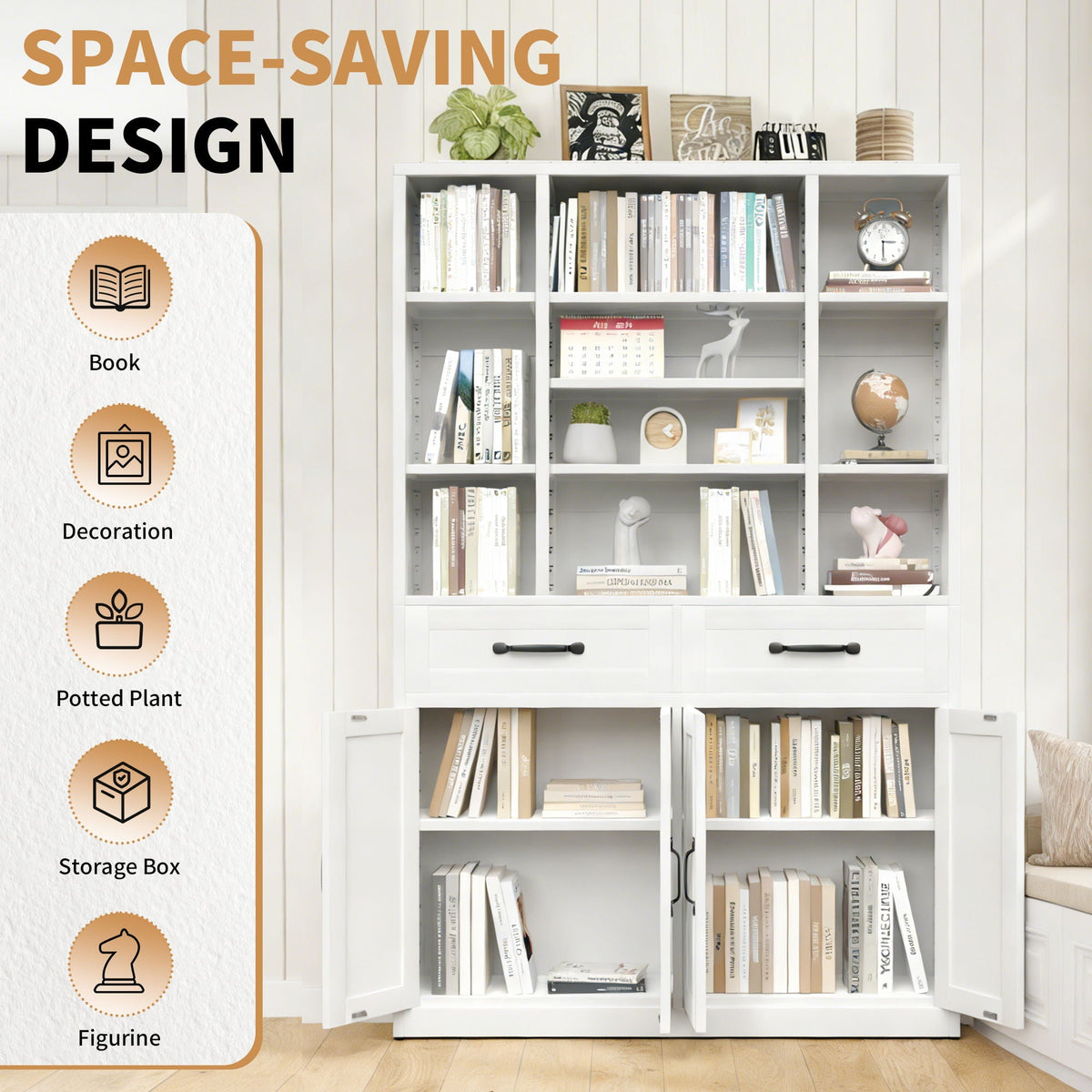 Industrial Bookcase Tall with Adjustable Shelves, Drawers & Doors - White Steel, photo 20 of 27