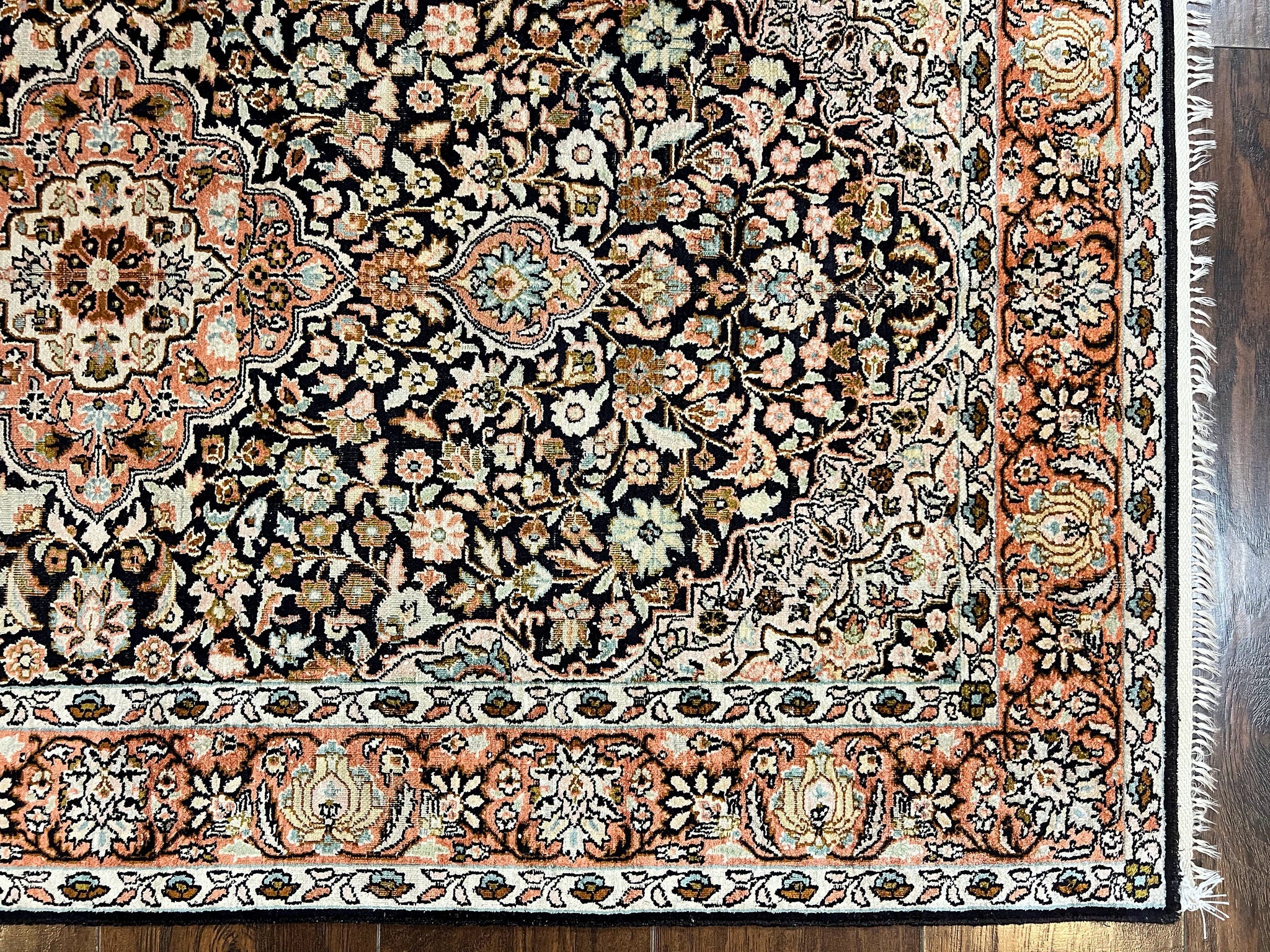 Silk Indian Kashmiri Rug 3x5, Indo Persian Silk on Silk Carpet, Very Fine 350 KPSI, Navy Blue, Handmade, Floral Medallion by Jewel Rugs