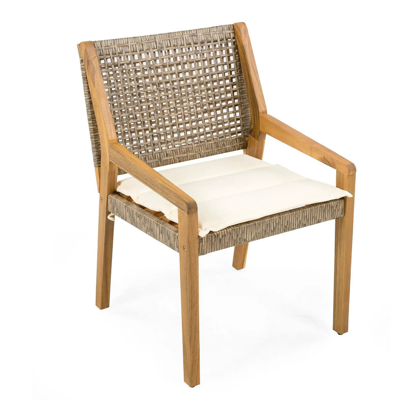 Outdoor Dining Chair Set of 4 - Acacia Wood and Wicker with Cream Cushion by HouseOfZazla
