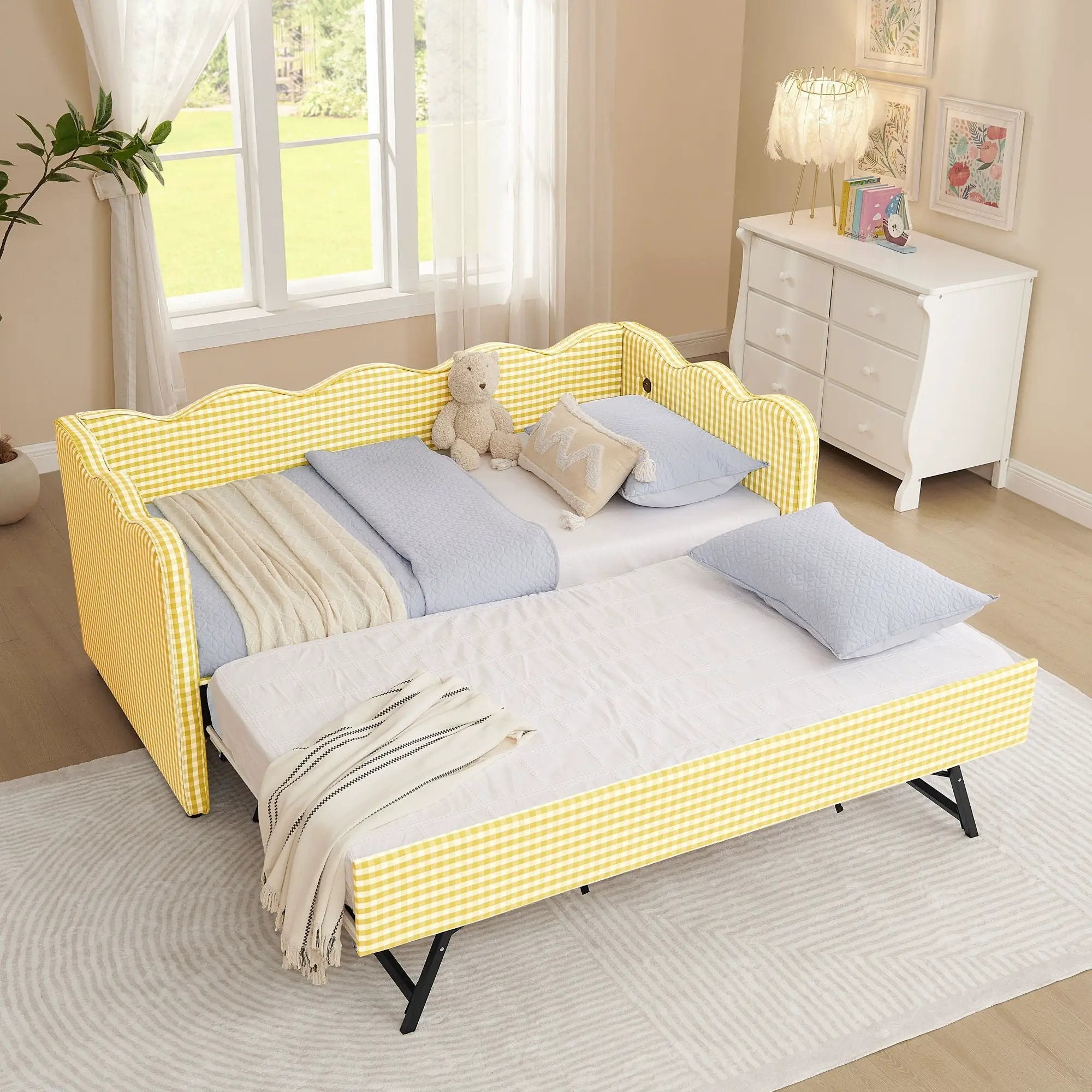 Gingham Daybed With USB Charging Port, Wave-Shaped Design by Unique Piece Furniture