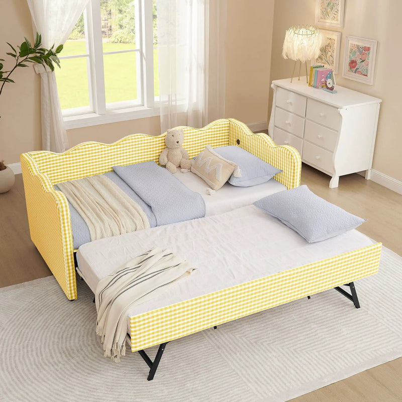 Gingham Daybed With USB Charging Port, Wave-Shaped Design by Unique Piece Furniture