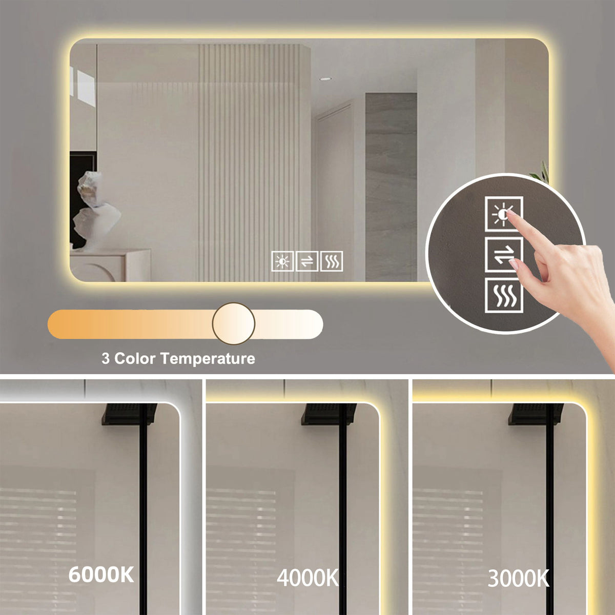 LED Bathroom Mirror with 3 Color Dimmable Backlight - Pearl Silver, photo 14 of 17