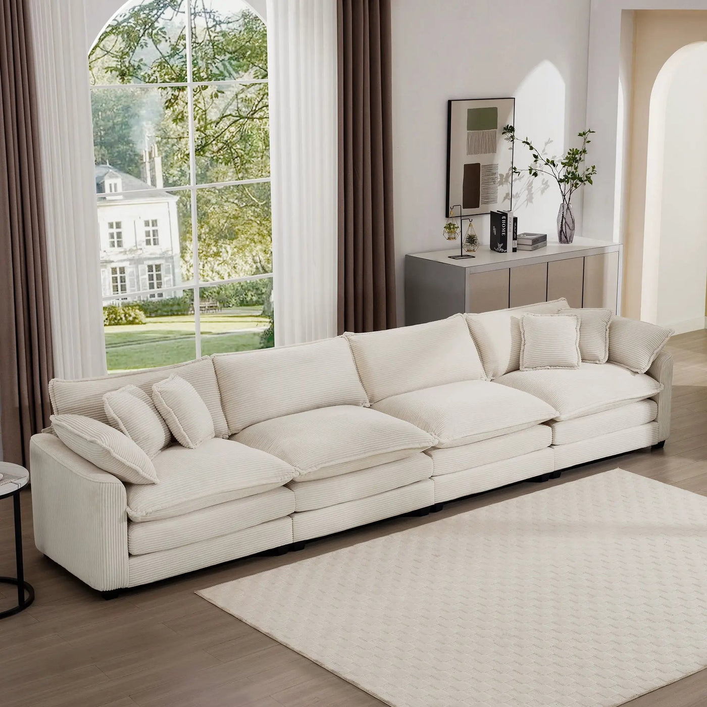 Modern Upholstered 4 Seater Fabric Sofa With Arm And Throw Pillows by HouseOfZazla