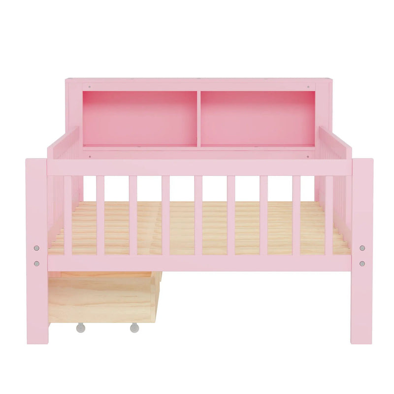 Bed With Headboard Storage Rack, 2 Under Bed Drawers, 3 Side Guardrails For Safety by HouseOfZazla