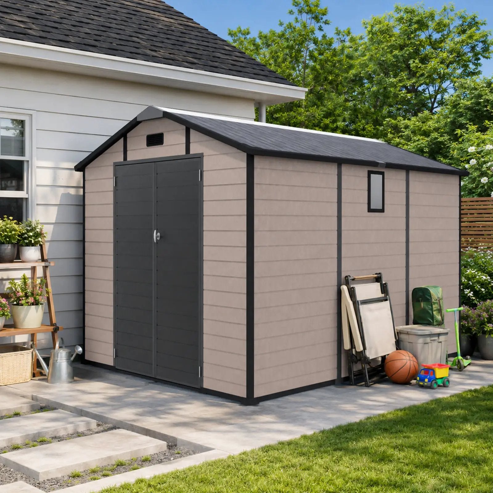 8x10 FT Plastic Outdoor Storage Shed - Lockable Resin Tool Shed by HouseOfZazla