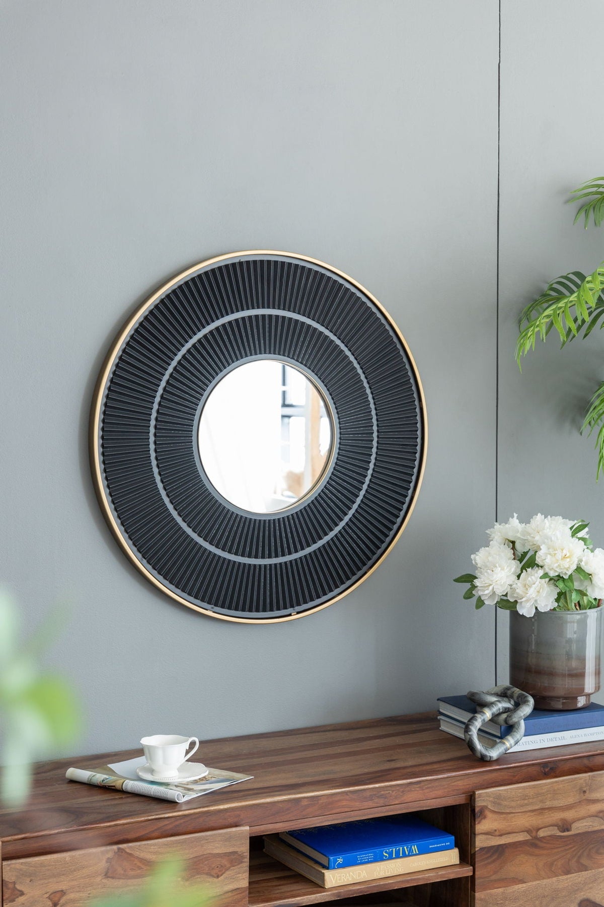Round Wooden Wall Mirror with Iron Frame - Neutral Colorway, photo 17 of 21