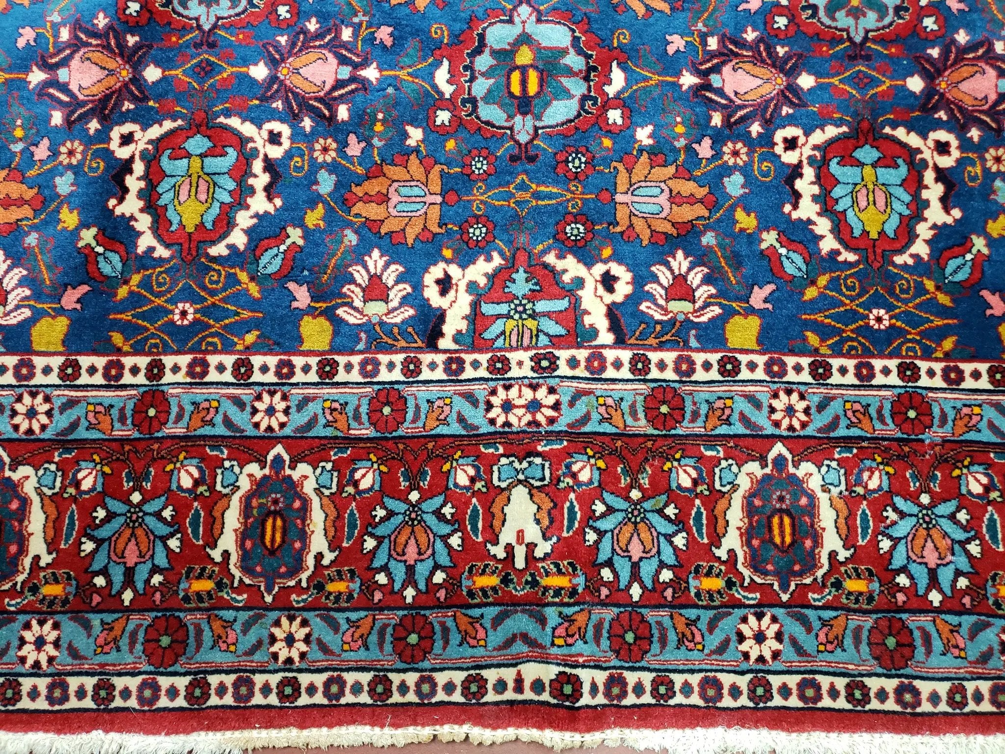 Rare Antique Persian Veramin Carpet, Mina-Khani Pattern, Blue, Red, Ivory, 7x11 ft, Hand-Knotted, Wool by Jewel Rugs
