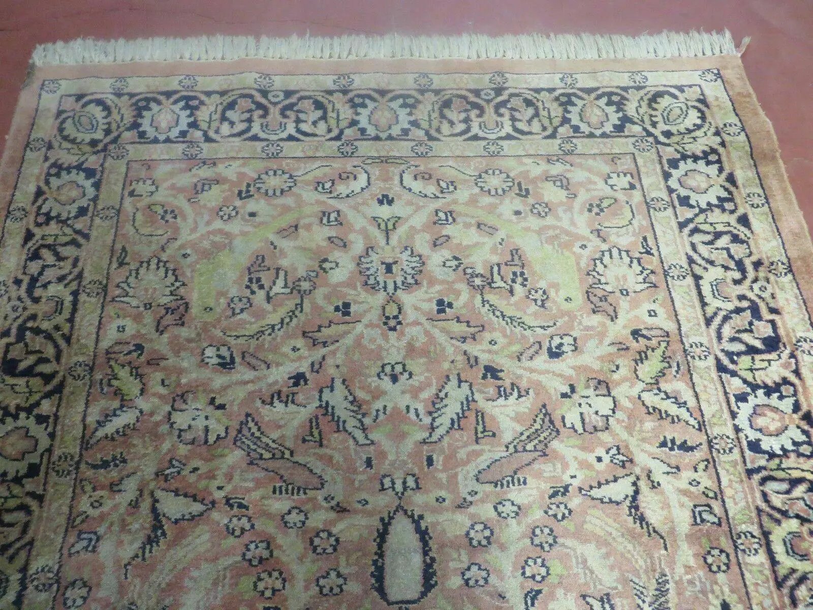 Indian Silk Rug 4x6, Indian Kashmiri Silk Carpet 4 x 6 ft, Vintage Hand Knotted Floral Bird Motifs, Light Pink and Navy Blue, Silk on Cotton by Jewel Rugs