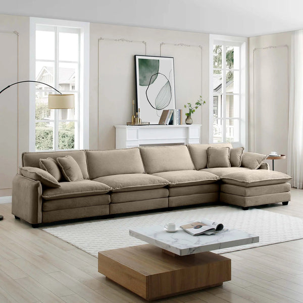 Modern Corduroy Upholstered 4-Seater Sofa with Footstool, photo 2 of 10