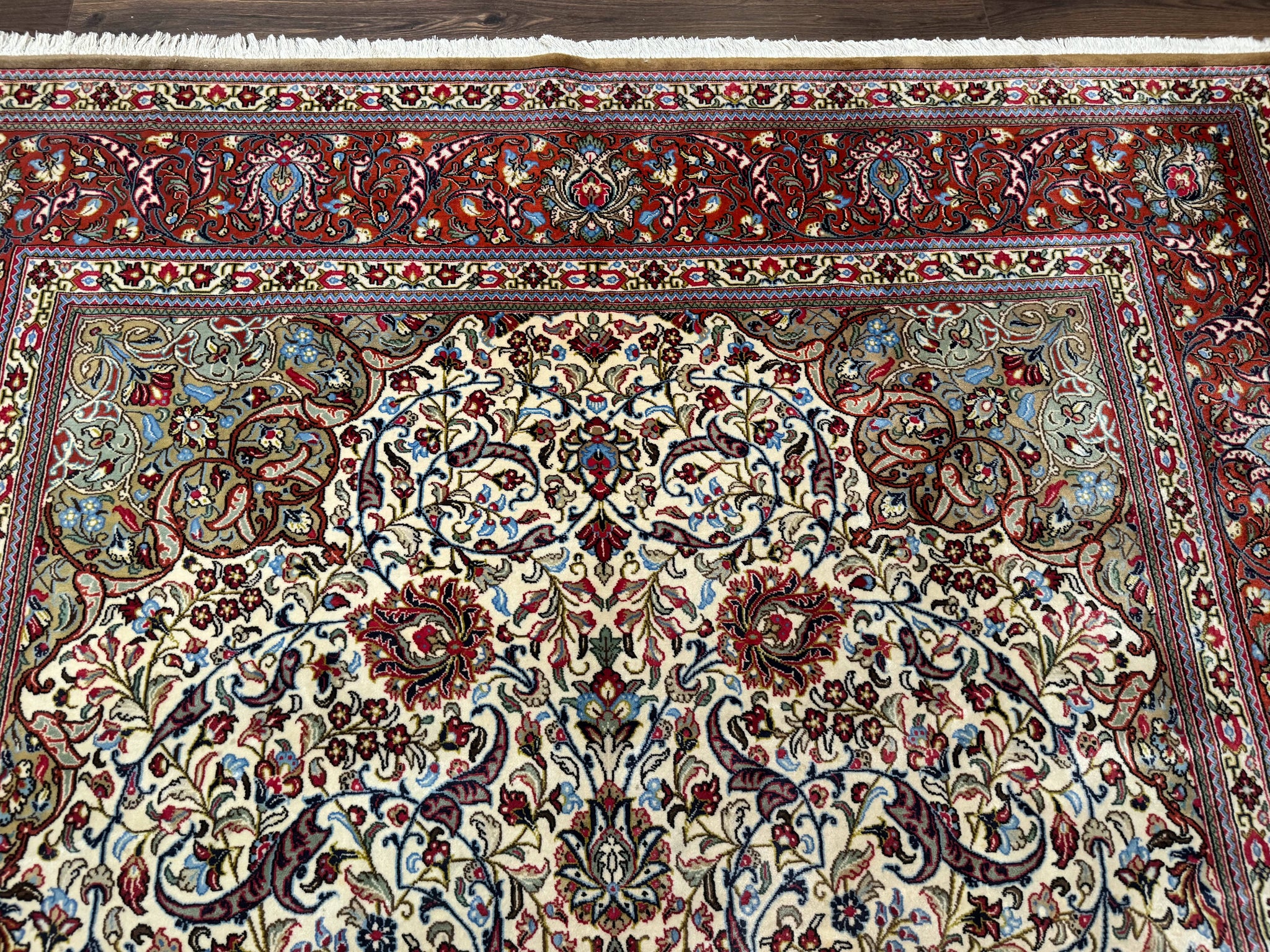 Persian Qum Rug 7x11, Beige and Red, Highly Detailed Floral Pattern, Fine 260 KPSI by Jewel Rugs