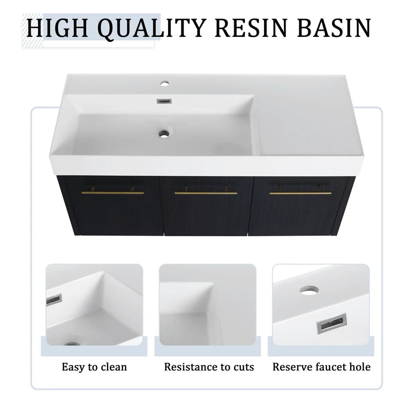 Modern Chestnut Wall Mounted Bathroom Vanity With Left Resin Sink And Storage Rack - Black Chestnut by HouseOfZazla