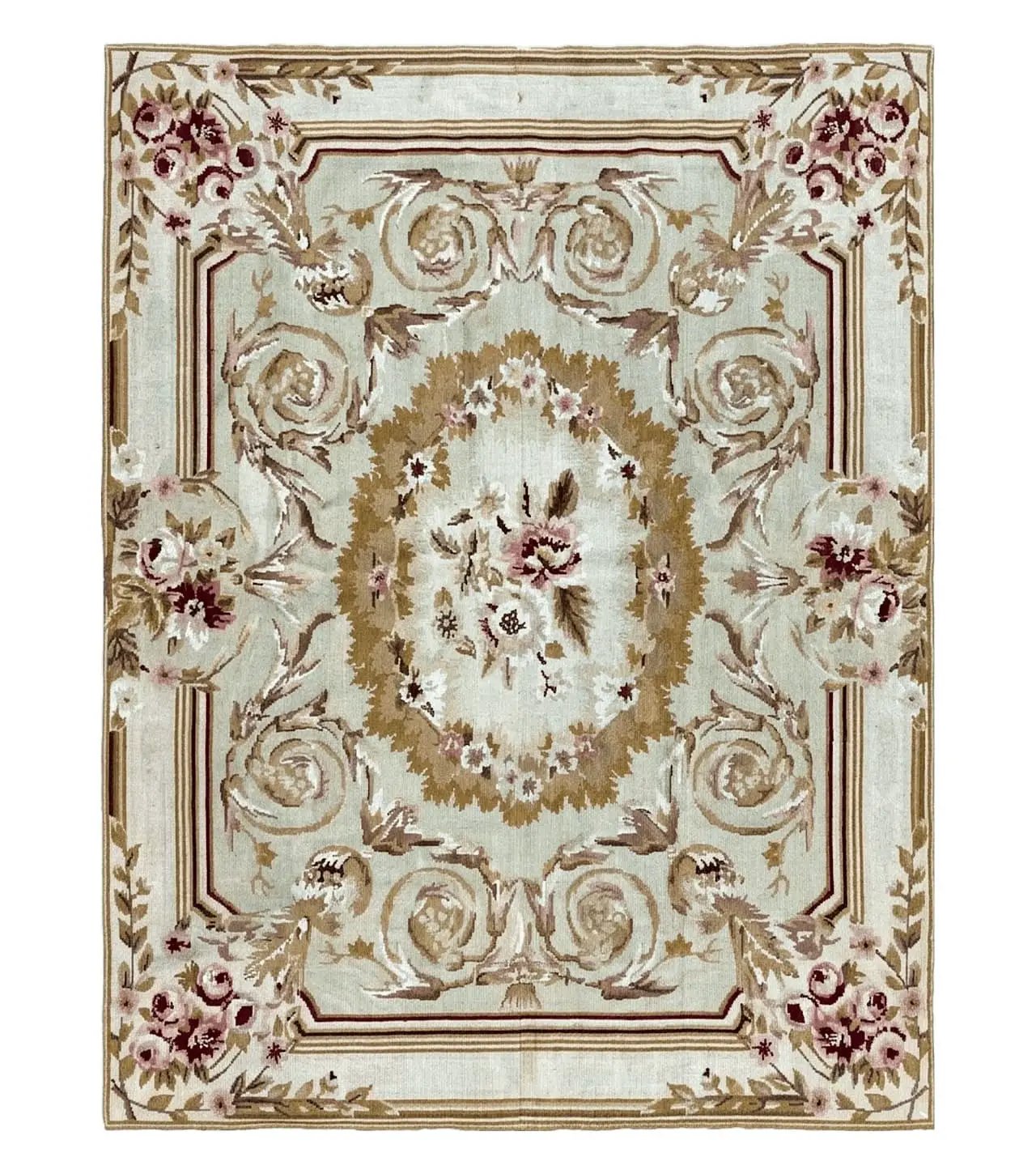 Aubusson Needlepoint Rug 4x5 ft, Beige and Tan, Aubusson Savonnerie Vintage Carpet, Handwoven Handmade Wool Rug, European Design Floral Rose by Jewel Rugs