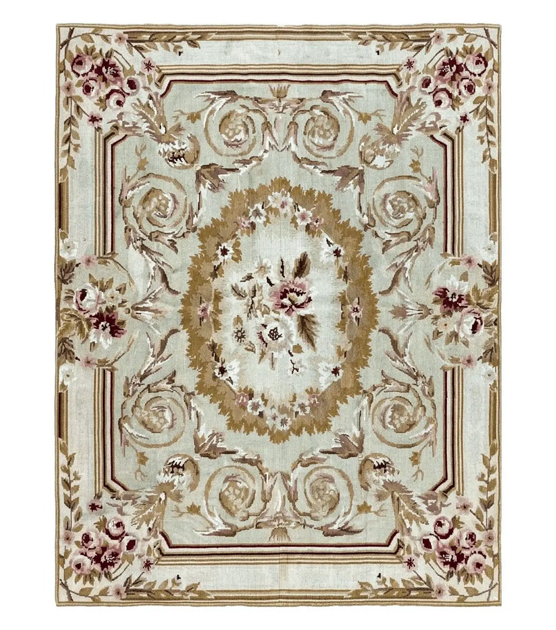Aubusson Needlepoint Rug 4x5 ft, Beige and Tan, Aubusson Savonnerie Vintage Carpet, Handwoven Handmade Wool Rug, European Design Floral Rose by Jewel Rugs