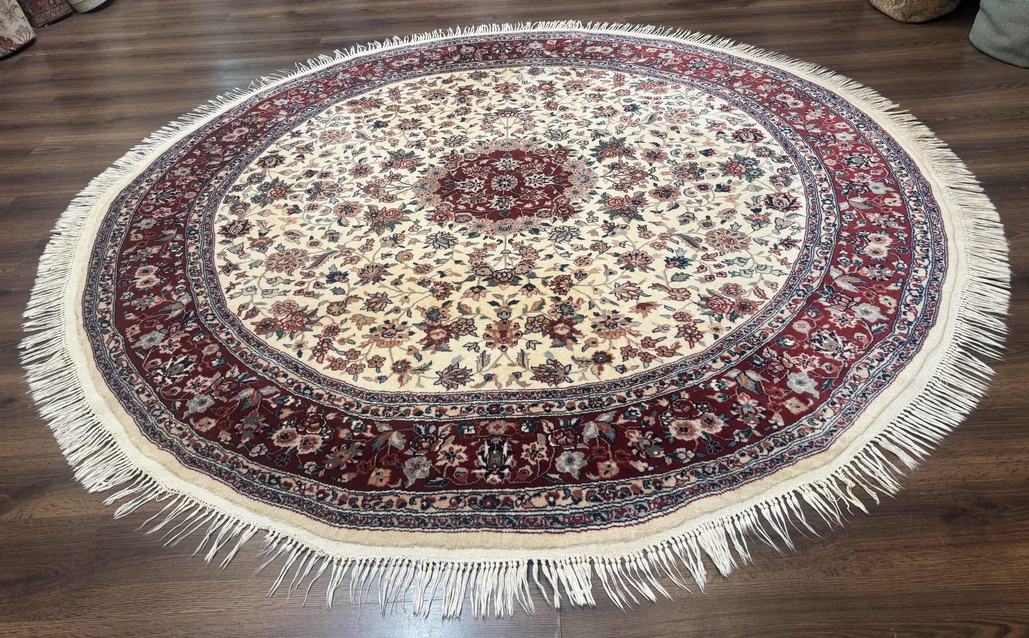 Round Sino Persian Rug 8x8, Wool and Silk, Floral Medallion, Ivory Dark Red by Jewel Rugs