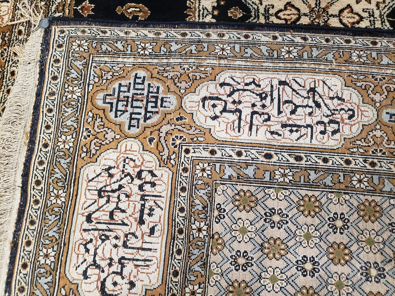 Persian Silk Qum Rug, Silk on Silk, Black Golden Brown and Beige, Hand-Knotted, 3'6" x 5' 5" by Jewel Rugs