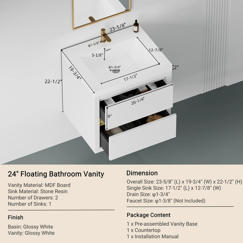 24" Wall-Mounted Bathroom Vanity with Sink and Storage Cabinet by HouseOfZazla