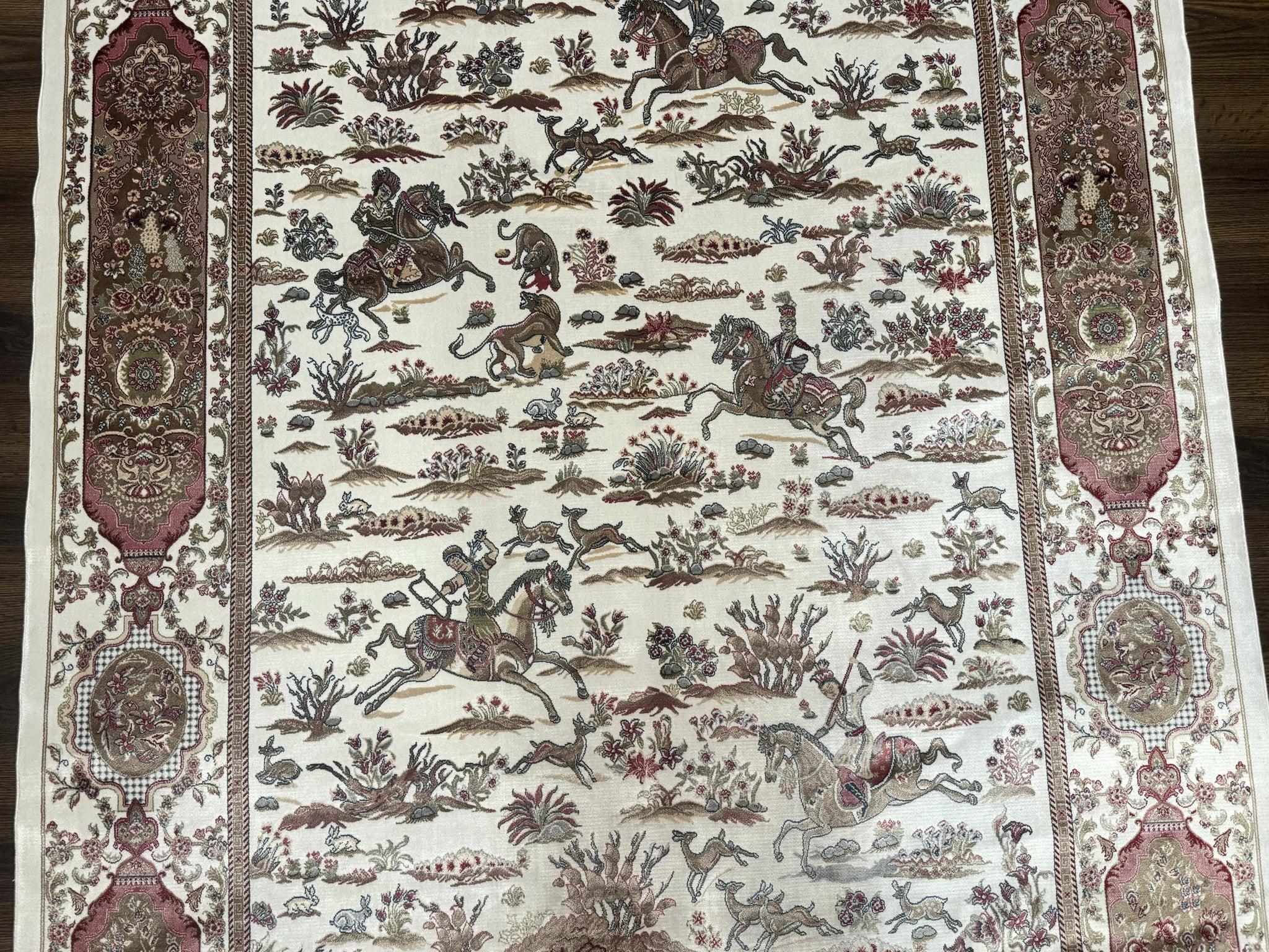 Turkish Silk Rug 5x8, Ivory, Hunting Design, Animal Pictorials, Bamboo Silk by Jewel Rugs