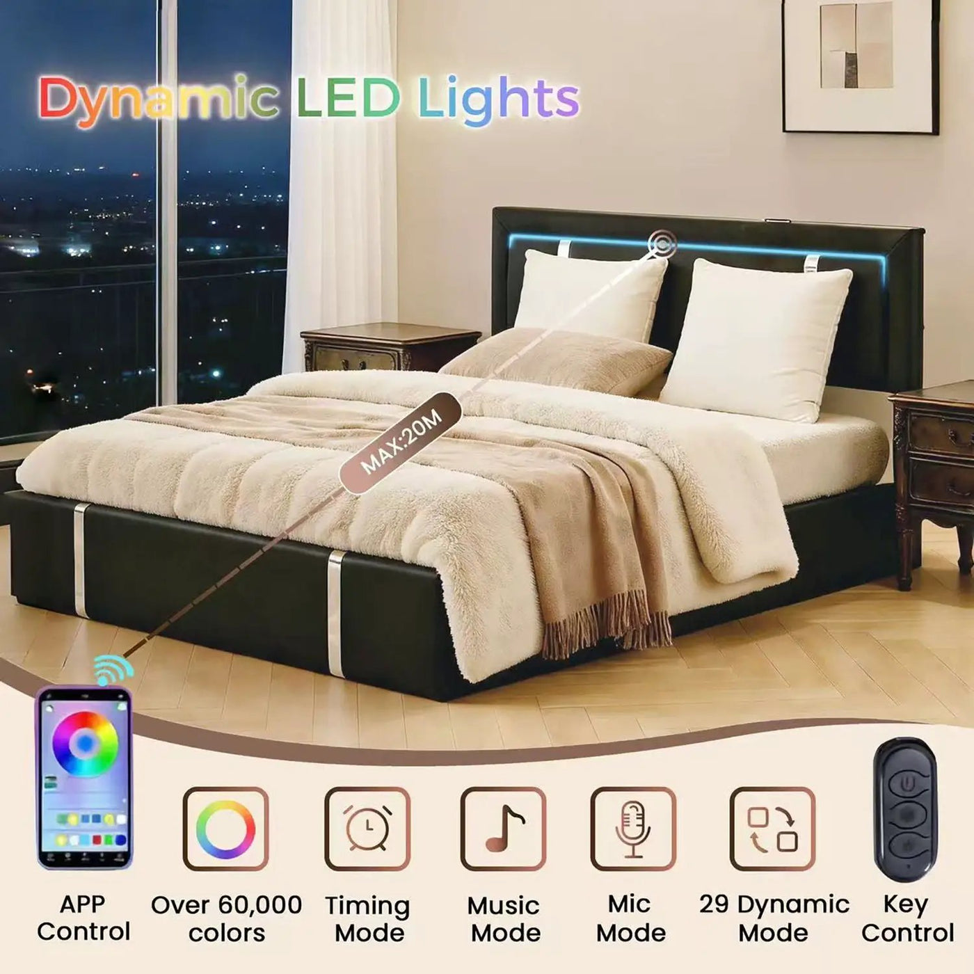 Upholstered Platform Bed Frame With Adjustable LED Headboard, USB C-Charging, Hydraulic Lift by HouseOfZazla