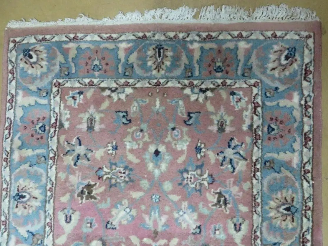 Indo Persian Runner Rug 2.8 x 12, Wool Hand Knotted, Pink and Light Blue by Jewel Rugs