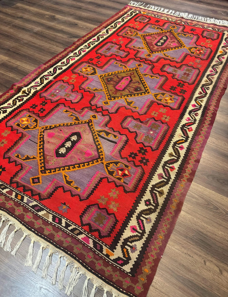 Persian Kurdish Zarand Kilim Rug 5x9, Red, Geometric Medallions, Wide Runner by Jewel Rugs