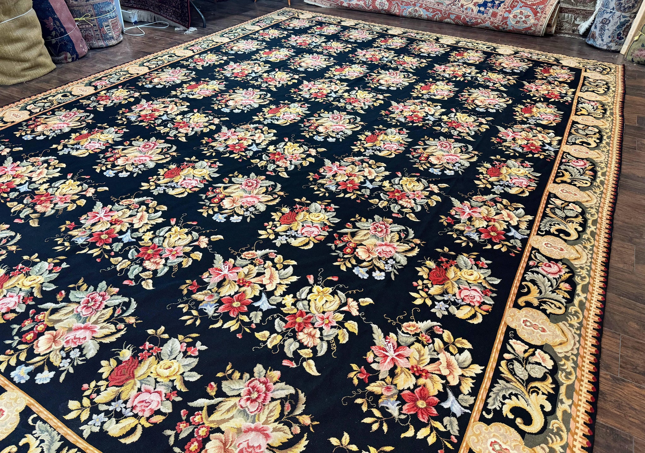 Palace Size Needlepoint Rug 12x16, Black and Colorful, Floral Panel, Handmade Oversized Wool Needlepoint Carpet, Rare by Jewel Rugs