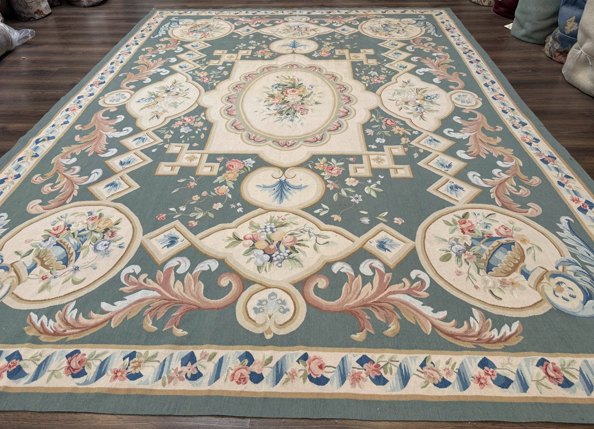 Aubusson Rug 9x12, Muted Sage Green and Cream, European Design by Jewel Rugs