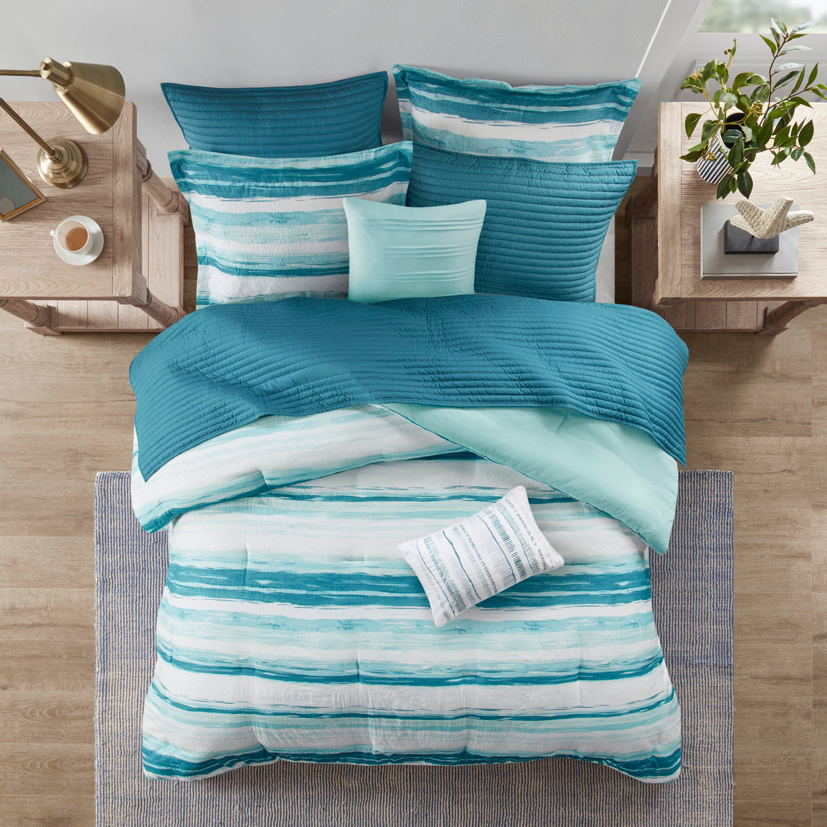8 Piece Printed Seersucker Comforter and Quilt Set Collection Aqua Full/Queen by HouseOfZazla