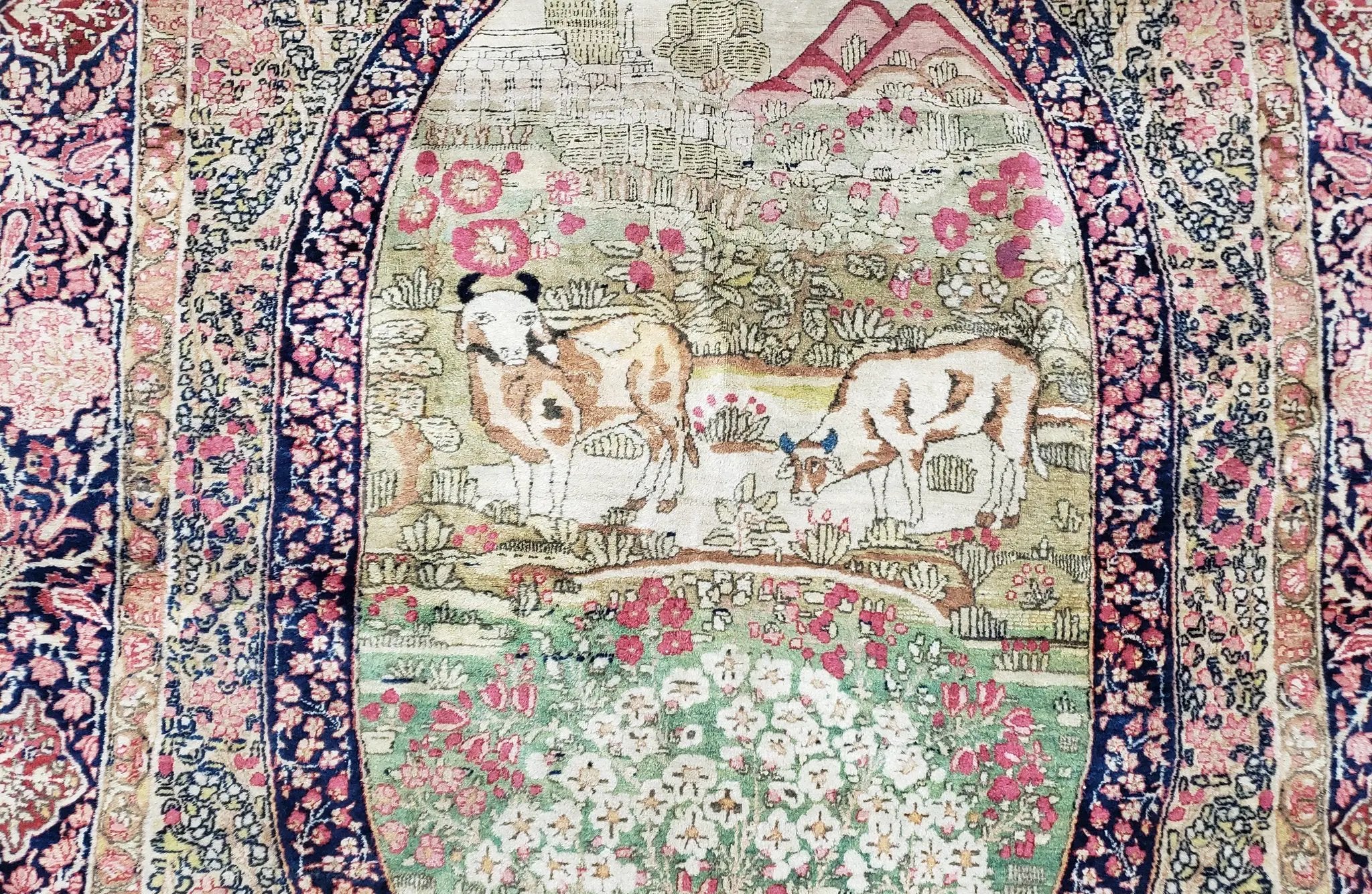 Antique Persian Kerman Lavar Rug 4.4 x 7.5, Highly Collectible Rare, 1880s Rug, Millefleurs, Cows, Wool Hand Knotted, Pictorial by Jewel Rugs