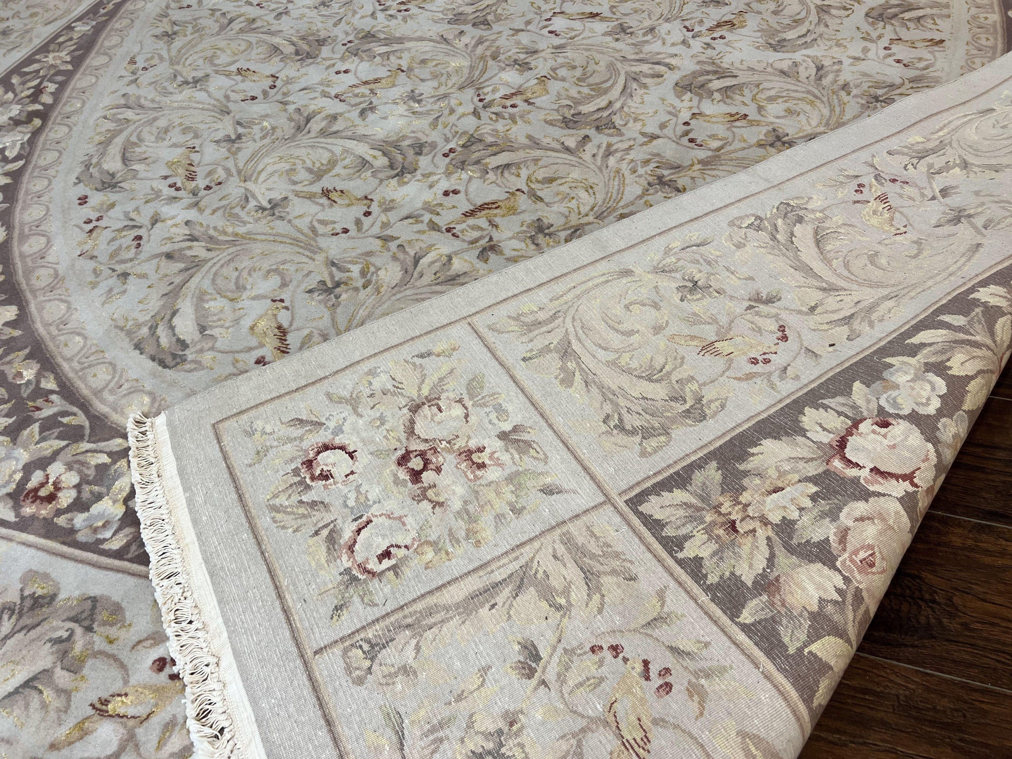 Aubusson Rug 10x14, Wool & Silk Highlights Hand Knotted Vintage Carpet, Birds Flowers, Fine Details, Elegant by Jewel Rugs