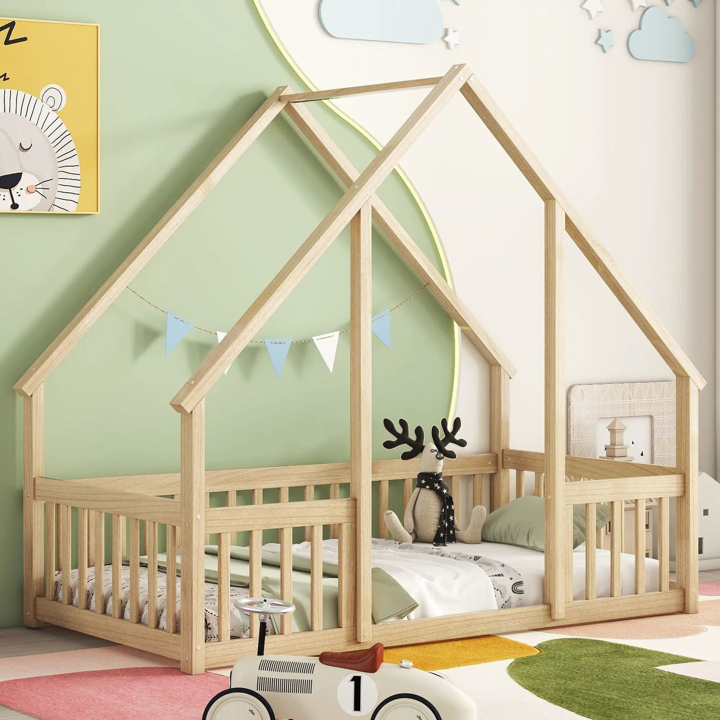 Wood House-Shaped Floor Bed With Fence, Guardrails by HouseOfZazla