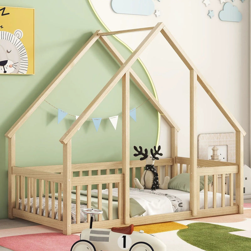 Wood House-Shaped Floor Bed With Fence, Guardrails by HouseOfZazla
