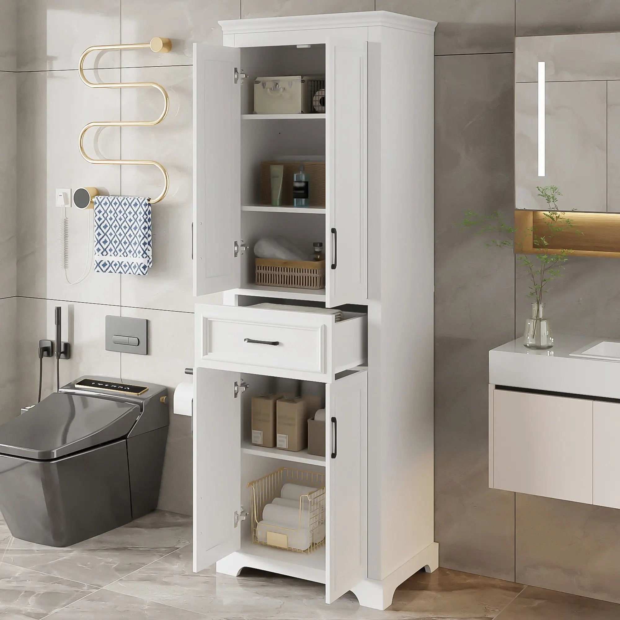 Freestanding Bathroom Vanity, Elegant Design With 4 Doors & 1 Drawer, Adjustable Shelves, Damping Hinges - White by HouseOfZazla