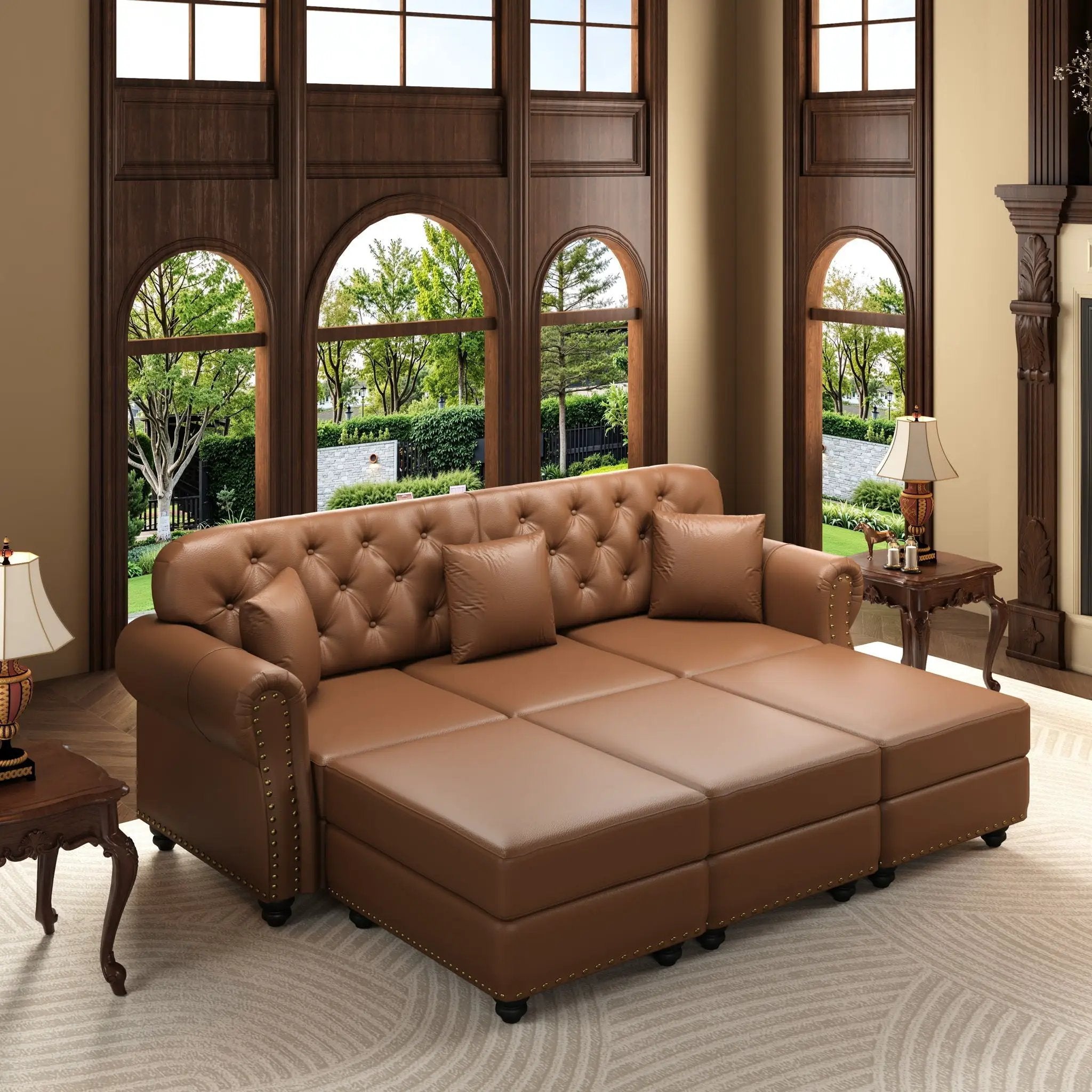 Upholstered Sofa With Nailhead Trim, Rolled Armrests With Ottoman by HouseOfZazla