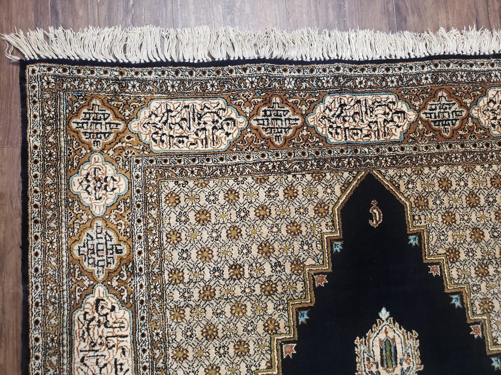 Persian Silk Qum Rug, Silk on Silk, Black Golden Brown and Beige, Hand-Knotted, 3'6" x 5' 5" by Jewel Rugs