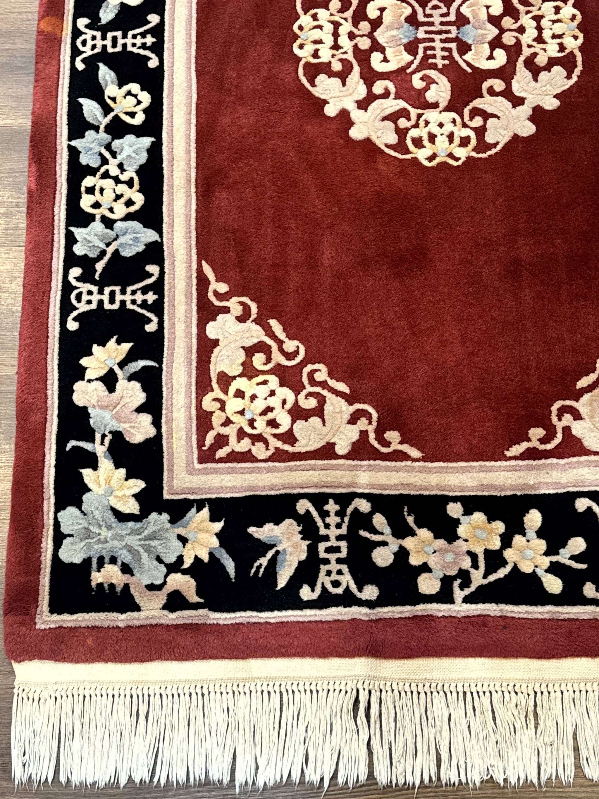 Chinese Wool Rug 4x6, Maroon and Black, Butterflies, Chinese Oriental Carpet, 90 Line Rug by Jewel Rugs