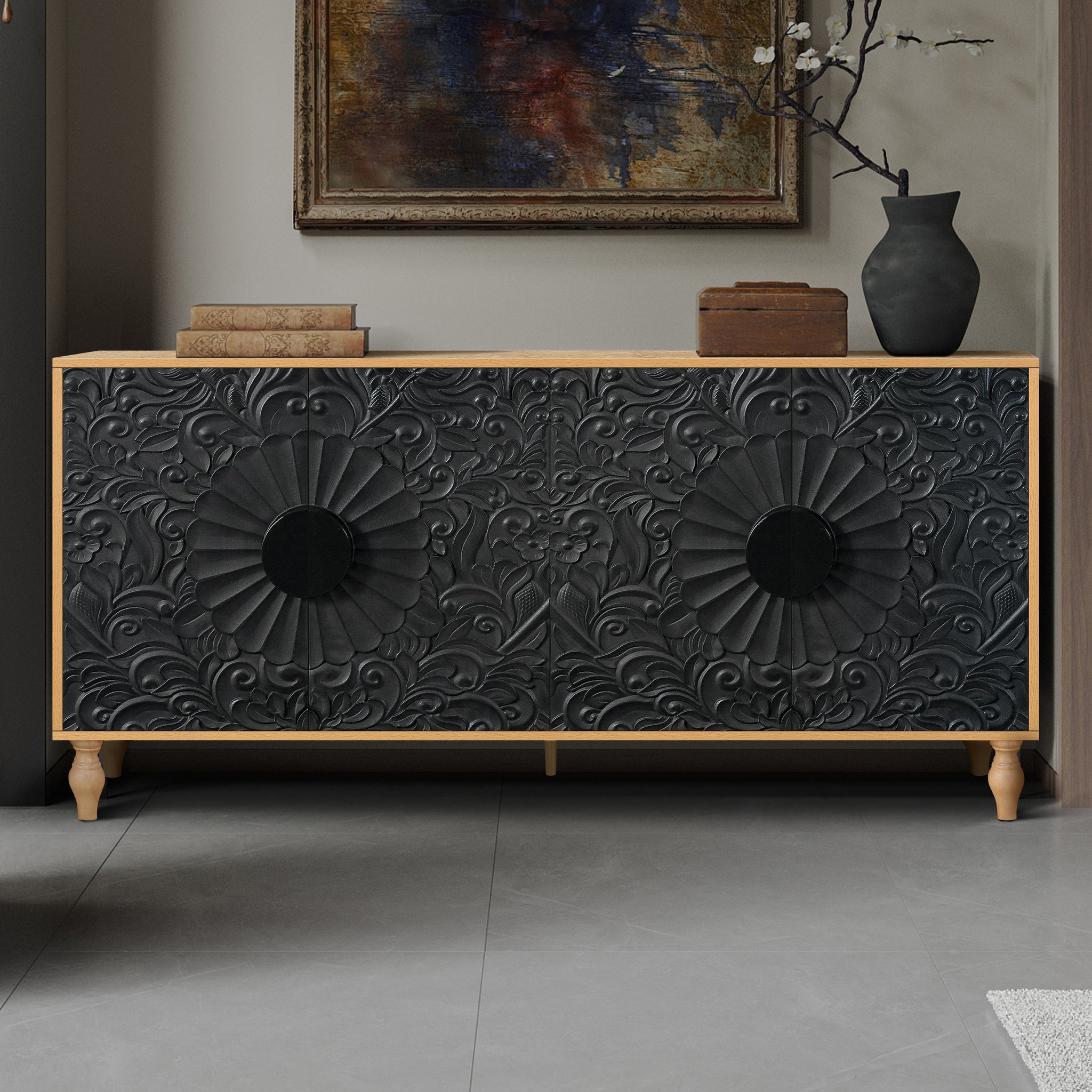 Black Carved Symmetrical Design Door And Wood Coloured Frame TV Stand by HouseOfZazla