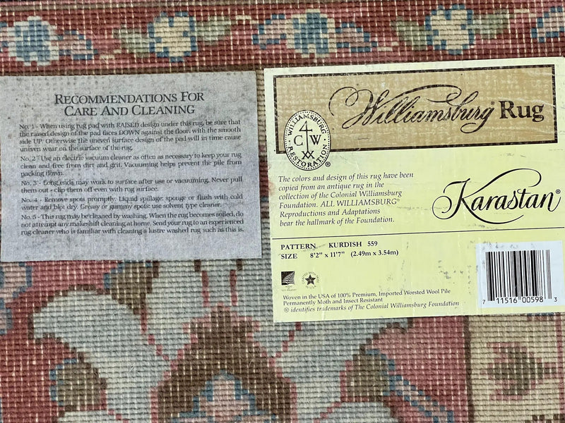 Karastan Rug 8 x 11.7, Karastan Williamsburg Kurdish Pattern 559, Wool Pile Vintage Karastan Carpet, Discontinued, Room SIzed Area Rug by Jewel Rugs