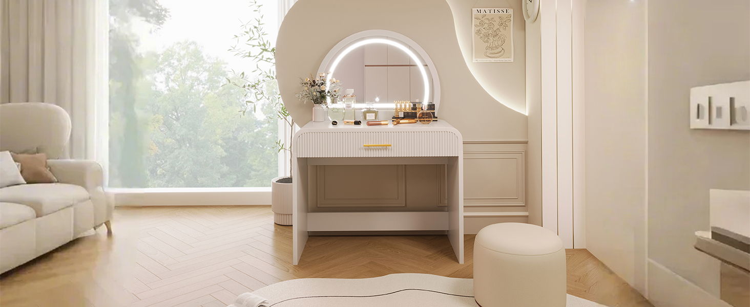 Makeup Vanity Table With Mirror Touch Screen Lighted Mirror, Dressing Table With Drawer For Bedroom - White by HouseOfZazla