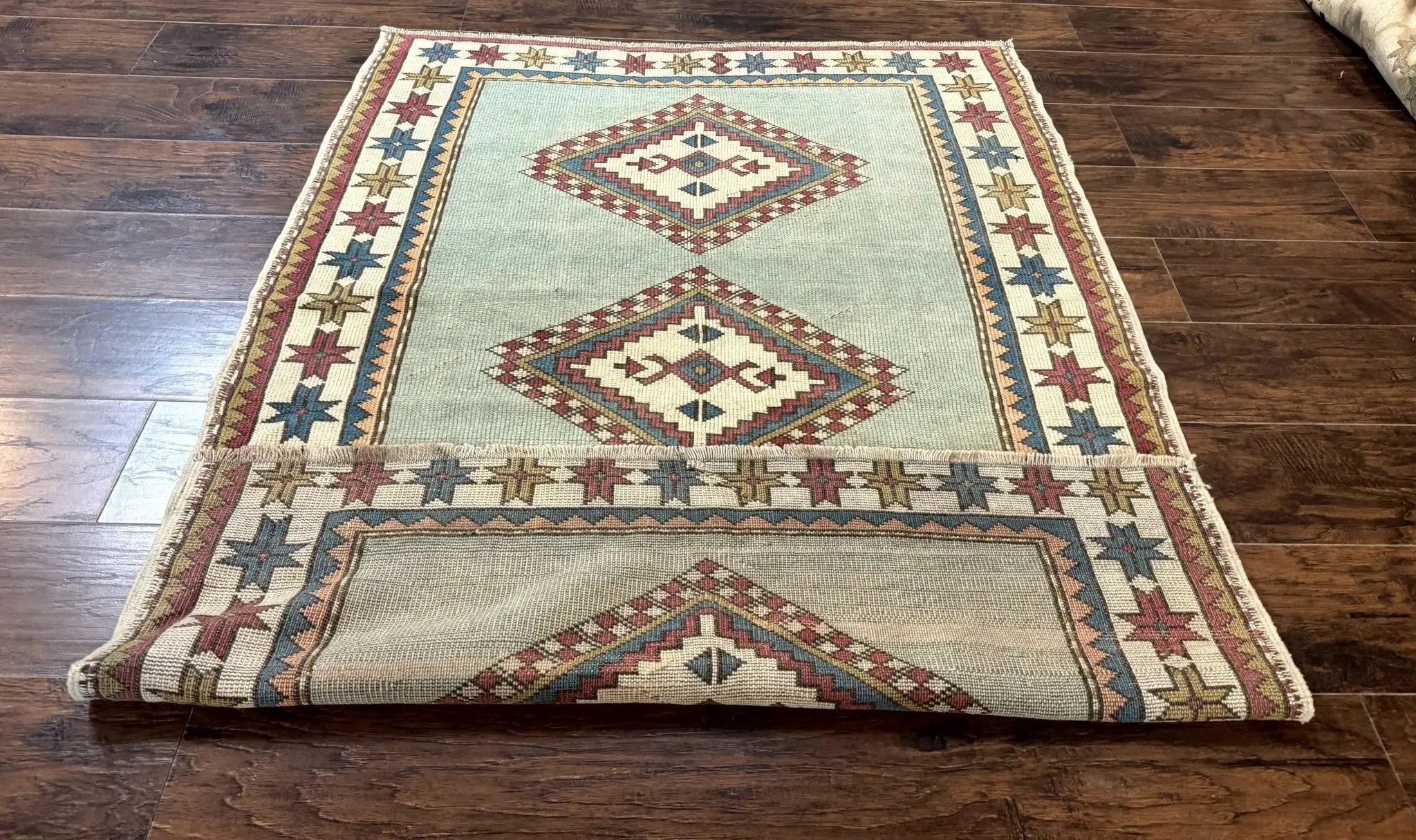 Turkish Kazak Rug 4x6, Geometric Medallion, Caucasian Design Rug, Semi Antique Vintage, Mint Green Maroon Ivory by Jewel Rugs