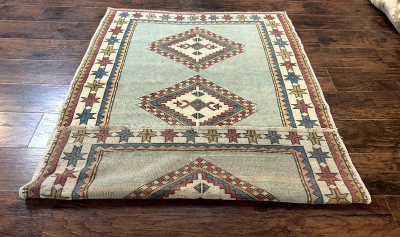 Turkish Kazak Rug 4x6, Geometric Medallion, Caucasian Design Rug, Semi Antique Vintage, Mint Green Maroon Ivory by Jewel Rugs