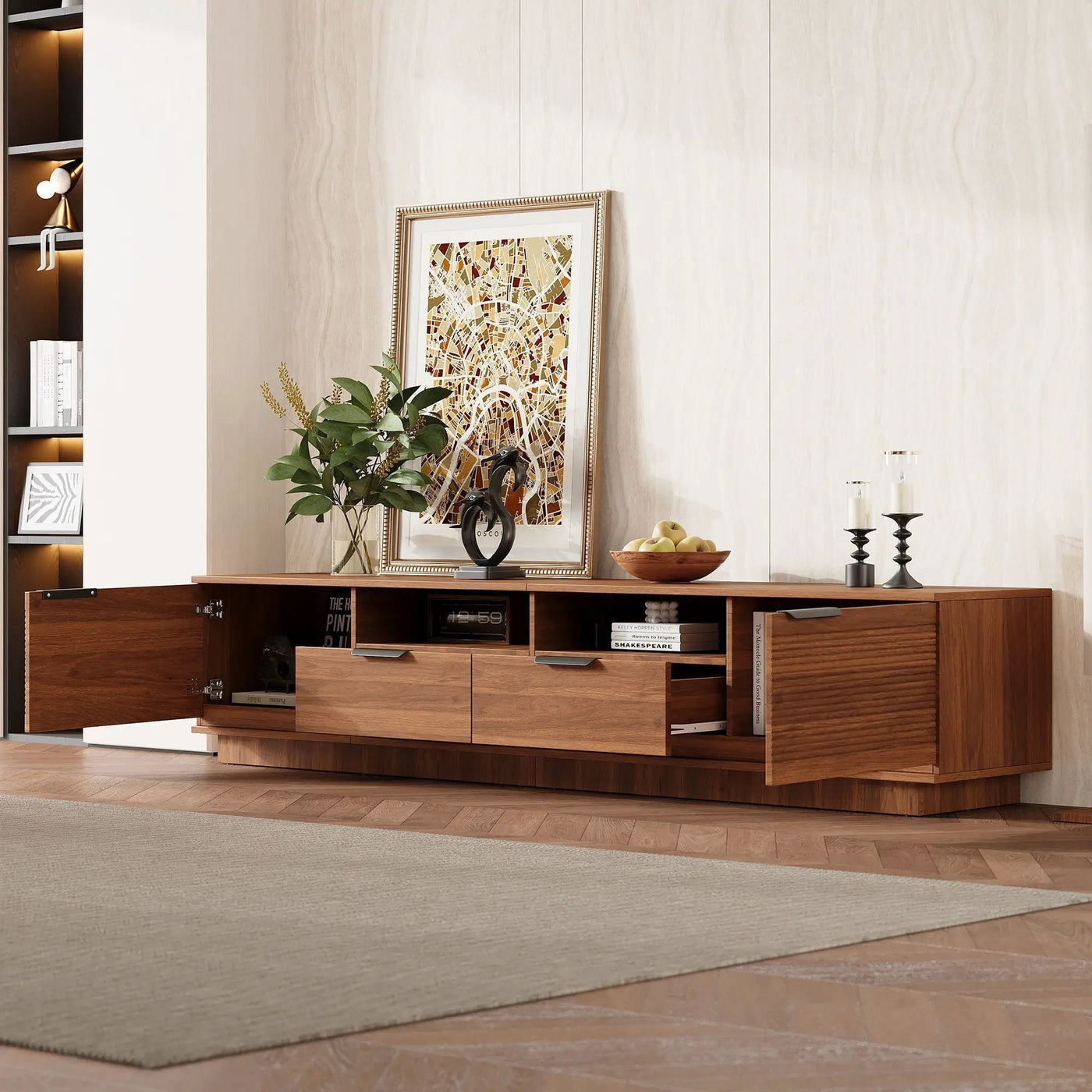 TV Stand Entertainment Center with Deep Drawers, Cable Management & Soft Closing Hinges by HouseOfZazla