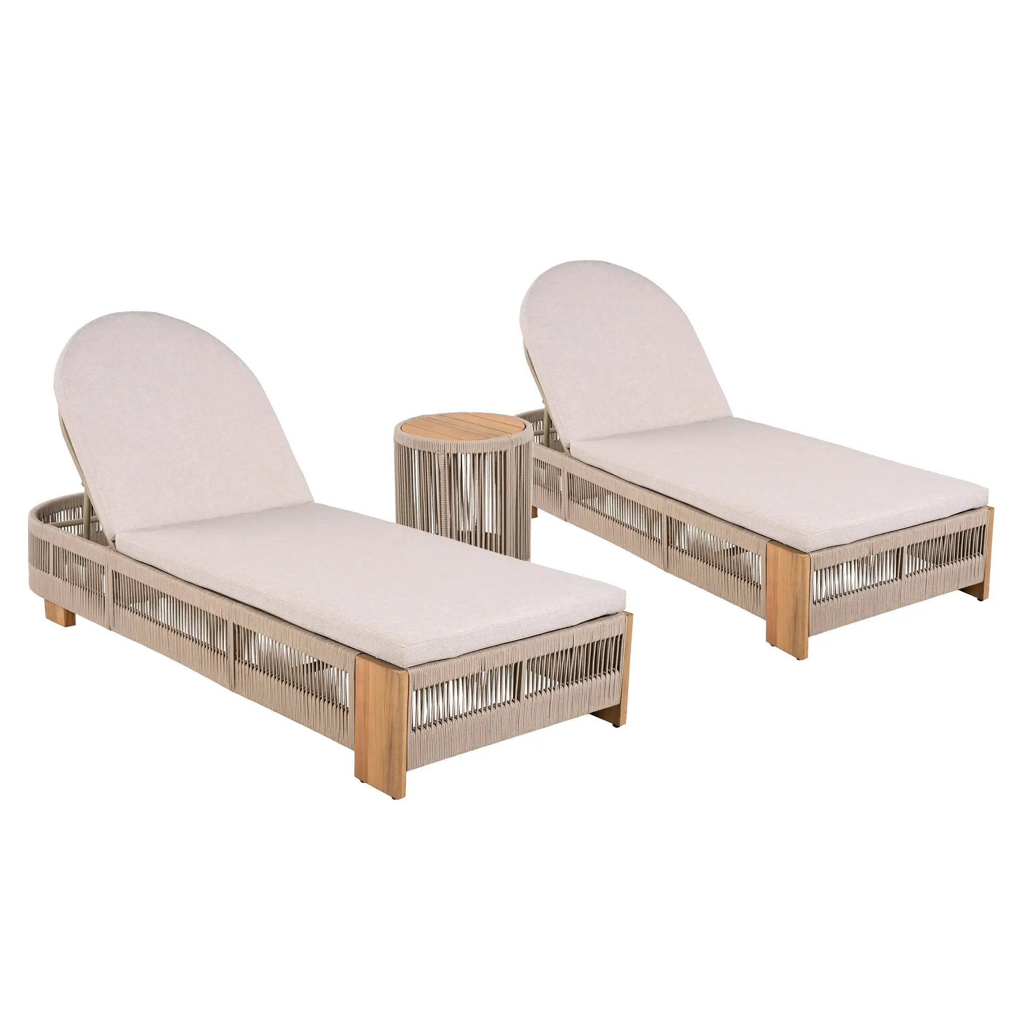 Outdoor Rope Chaise Lounge Set with Adjustable Backrest and Teak Look Side Table by HouseOfZazla
