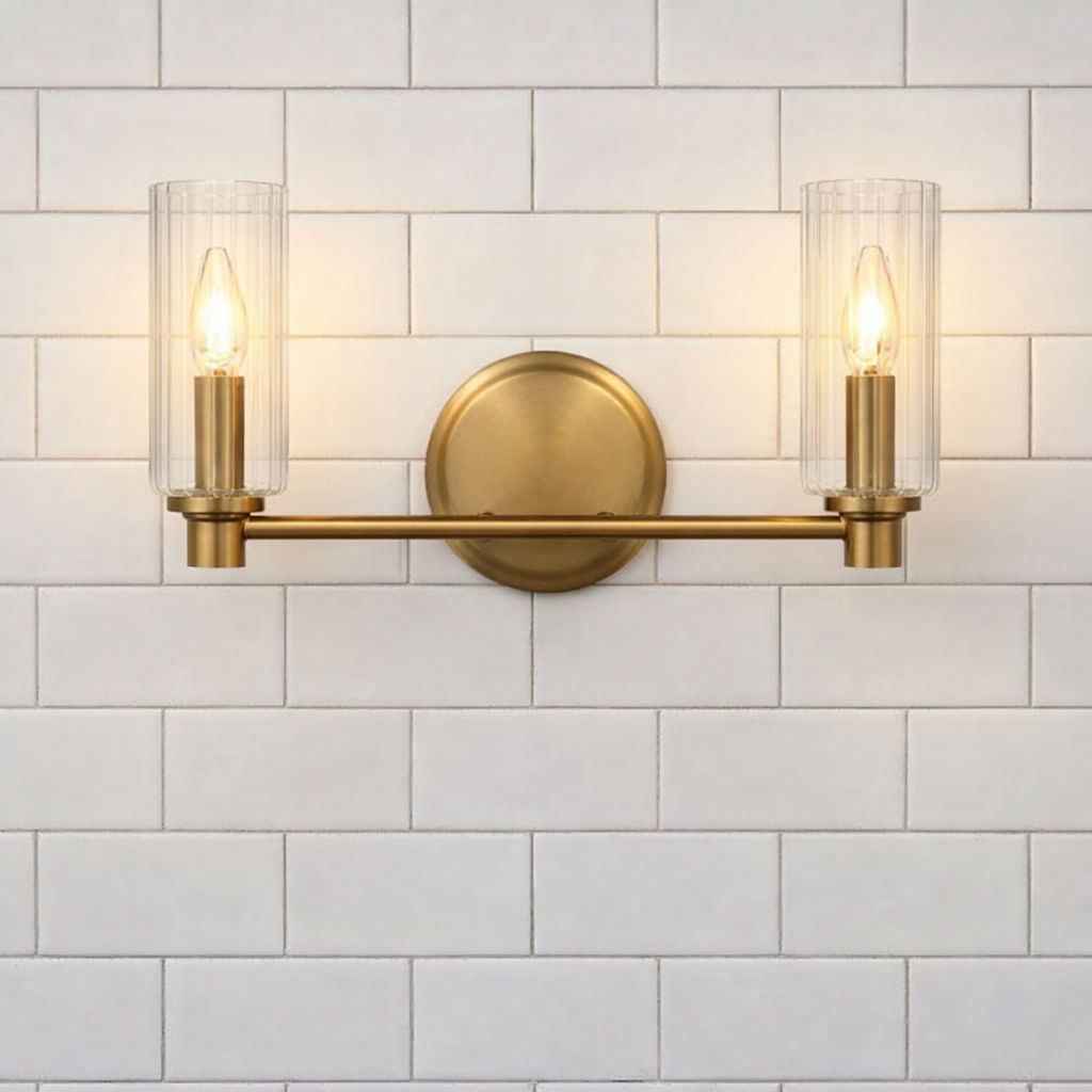 Regal Double Light Vanity With Clear Ribbed Satin - Antique Brass / Clear, photo 8 of 12
