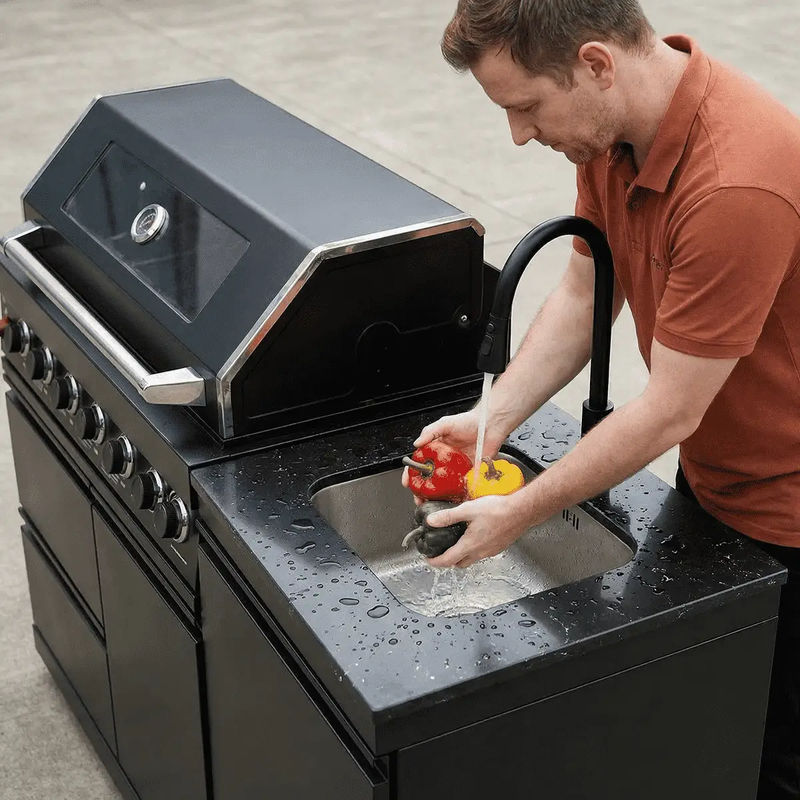 63" 6-Burner 85000 BTU Black Outdoor Kitchen Island Grill + Marble Countertops + Sink by Chery Industrial
