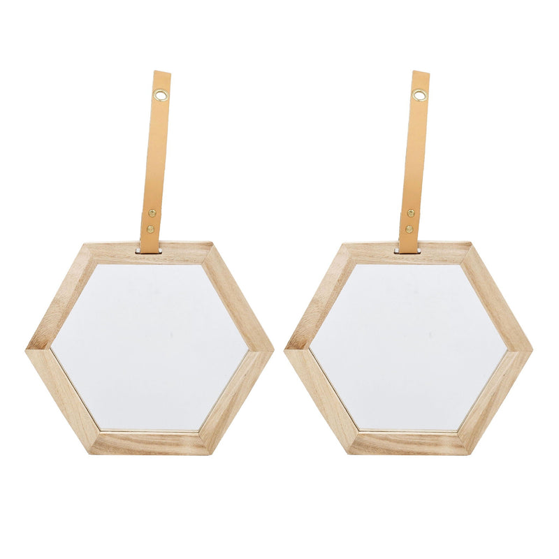 Light Brown Hexagon Wall Accent Mirror with Wood Frame – Set of 2