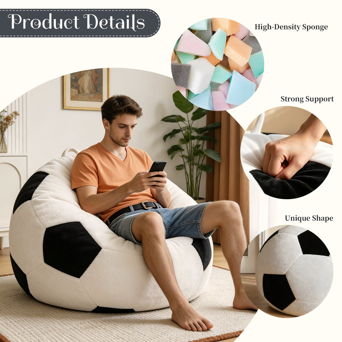 Soccer-Shaped Bean Bag Chair with Flannelette Upholstery - Multi-Color, photo 4 of 10