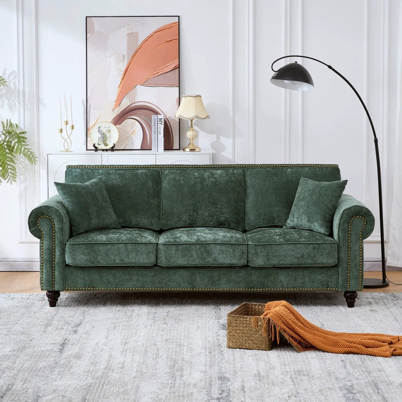 3 Seater Sofa With Tufted Upholstery, Rolled Arms, Nailhead Trim by HouseOfZazla